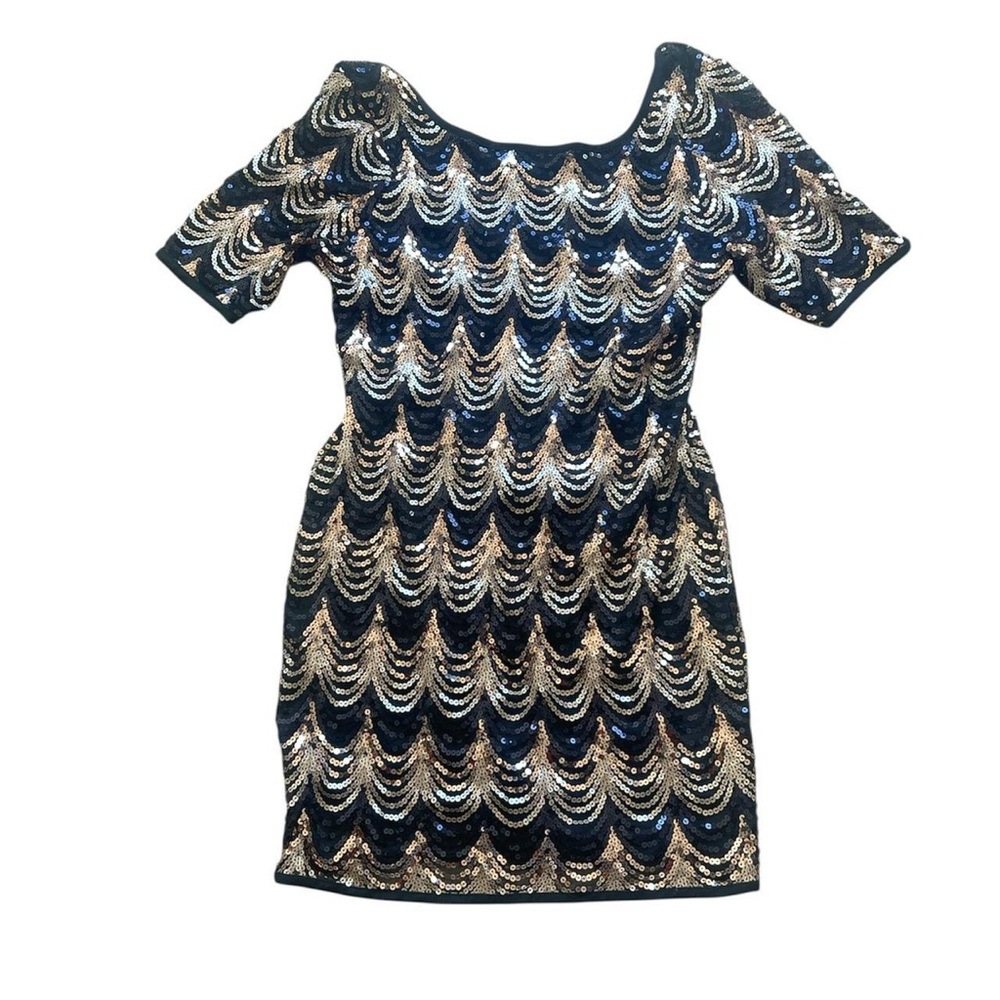 VENUS Blue and Gold Sheath Mini Dress with Puff Sleeves
